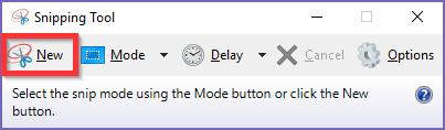 screenshot of the snipping tool with the "new" button highlighted