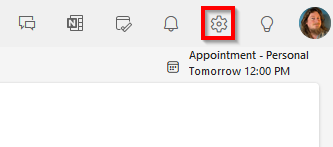 Image showing the gear icon that can open the Outlook settings.