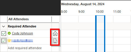 image showing the outlook shceduling assistant with the symbols for "office" and "remote" visible