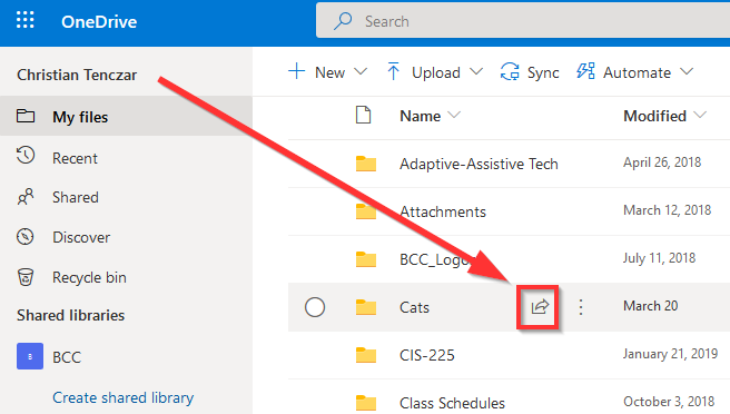 screenshot of OneDrive share button